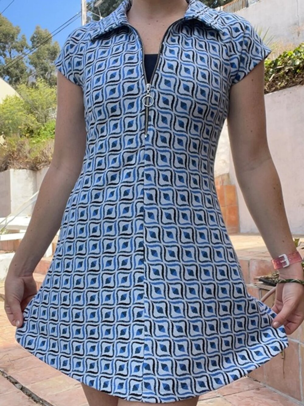 Urban Outfitters Blake Blue Geometric Jacquard Zip Front Mini Dress L 70s Mod